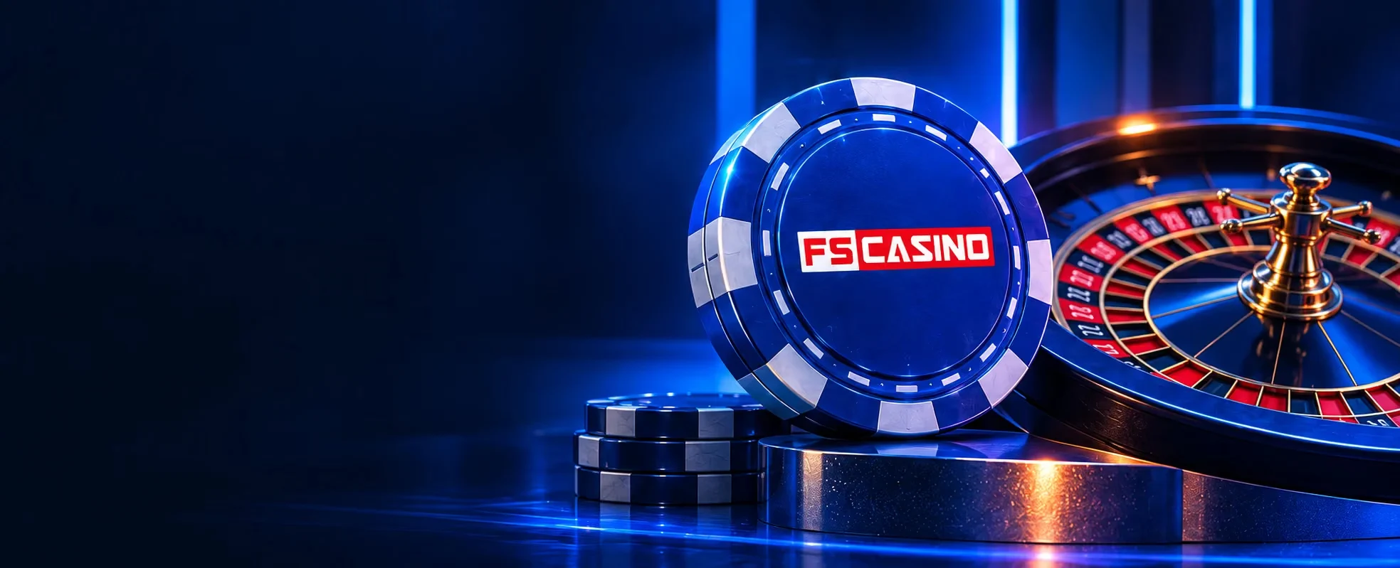 Η μπλε μάρκα FS Casino δίπλα σε ρουλέτα